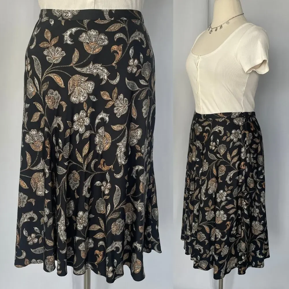 J Jill A Line Skirt Size Large Black Tan Floral Minimal Long Midi Boho Spring